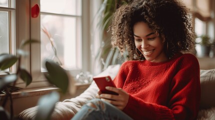 Cheerful young woman in red sweater using phone on couch by window with indoor plants