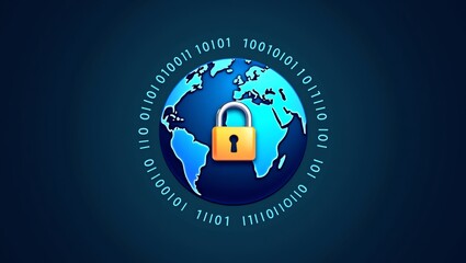 Fototapeta premium Digital illustration of a blue globe with a yellow padlock in the center. The globe is surrounded by a circle of binary code.