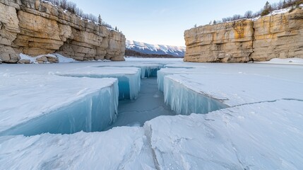 Frozen river with ice in it. The ice is blue and the water is clear. The sky is blue and the mountains are in the background