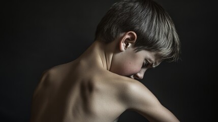 Naklejka premium 2408 21.A close-up of a boys bare back as he bends over in pain, his spine visibly curved, suggesting issues with posture or scoliosis. The childâ€™s expression of discomfort emphasizes the severity
