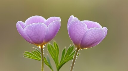 Obraz premium Two beautiful pink flowers with green leaves are standing in a field. The flowers are slightly wet, and the leaves are lush and green. The scene is serene and peaceful, with the flowers