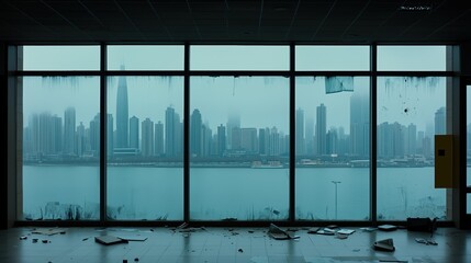 Window overlooking a city with a river in the background. The window is dirty and the view is obscured by the city