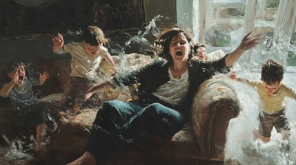 2408 82.A detailed image of a mother sitting on the sofa, her face buried in her hands as her children run in circles, yelling and laughing. The noise and mess in the living room highlight her