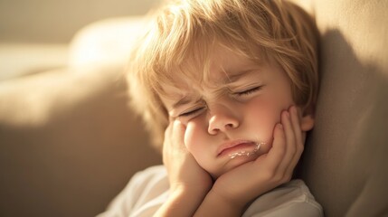 Fototapeta premium 2408 46.A detailed close-up of a preschool boy with blonde hair, sitting on a couch with a swollen face, holding his cheek in pain. His expression shows clear discomfort from a toothache, and the