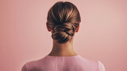 Fototapeta premium Elegant Woman with Classic Hair Bun against Pink Background