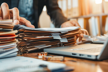 Fototapeta premium Businessman hands searching information in Stack of papers files on work in office, business report paper or piles of unfinished documents achieves with clips on offices Business concept