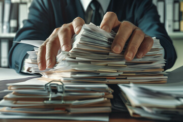 Businessman hands searching information in Stack of papers files on work in office, business report paper or piles of unfinished documents achieves with clips on offices Business concept