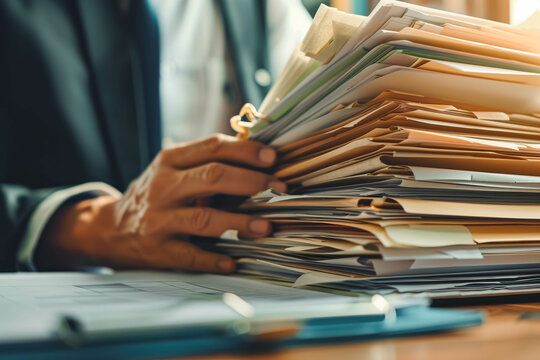 Businessman hands searching information in Stack of papers files on work in office, business report paper or piles of unfinished documents achieves with clips on offices Business concept