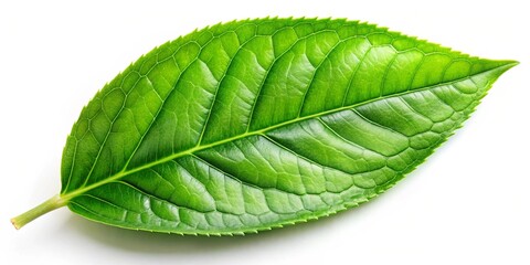 Fototapeta premium A Single Green Leaf with Delicate Veins and a Jagged Edge, Isolated Against a Pure White Background