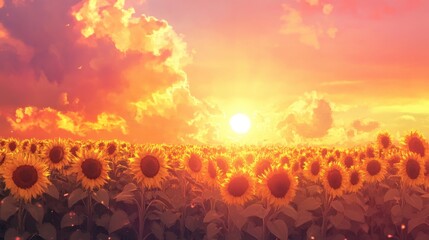 A dreamy sunflower field at sunset captured in impressionist style, with golden blooms swaying in a gentle breeze under a colorful sky.