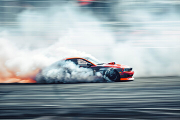 Car drifting, Blurred image diffusion race drift car with lots of smoke from burning tires on speed...