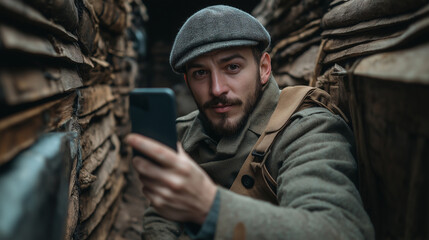 Obraz premium Resting Soldier Taking a Selfie in a 1914 War Shelter