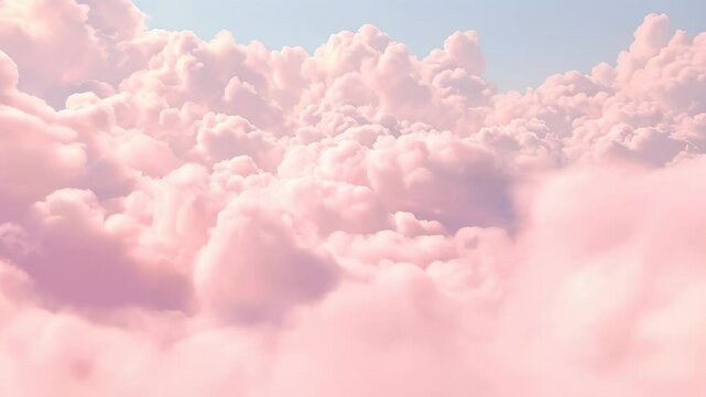 A dreamy landscape of fluffy, pink clouds floating in a serene blue sky, evoking a sense of calm and peace.
