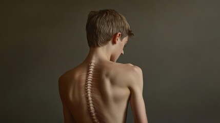 2408 23.A young boy bare back is shown as he hunches over from back pain, with the curvature of his spine visible under the skin. The image captures the tension and discomfort caused by issues like