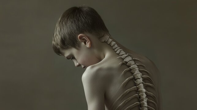 2408 23.A young boy bare back is shown as he hunches over from back pain, with the curvature of his spine visible under the skin. The image captures the tension and discomfort caused by issues like