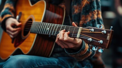 Fototapeta premium A close-up of a person playing an acoustic guitar outdoors, showcasing musical expression.