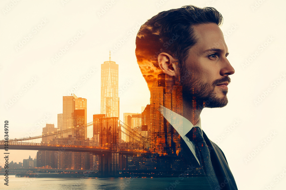 Canvas Prints A man in a suit stands in front of a city skyline