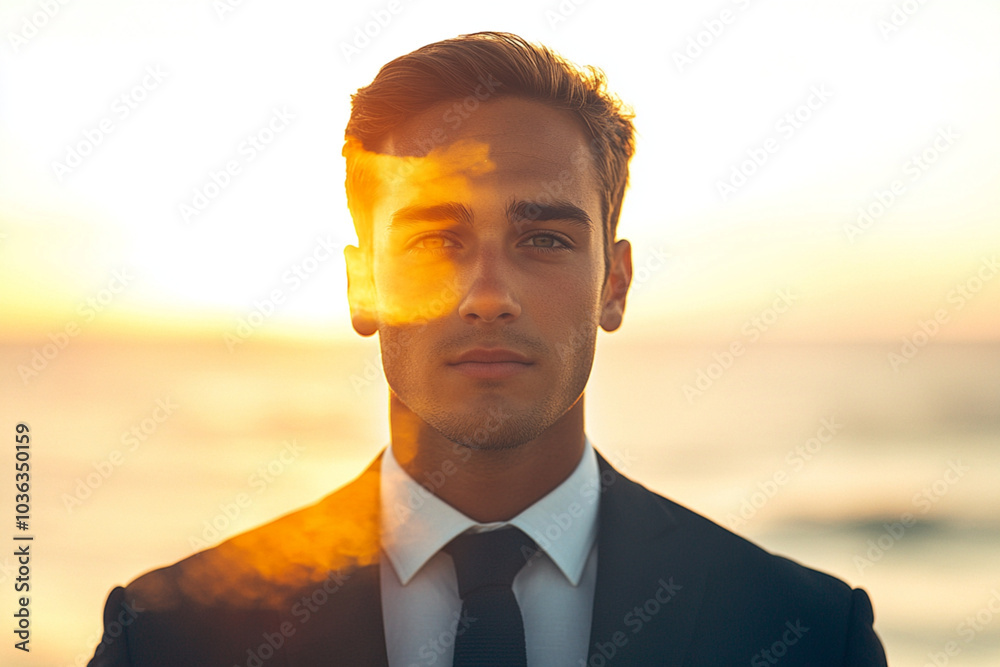 Wall mural A man in a suit and tie is standing in front of the ocean