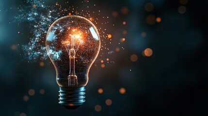Illustration of a light bulb consisting of digital pixels on a dark background,