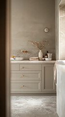 A modern cottagecore bathroom in Chiangmai, featuring greige cabinets with brass handles, a marble tile floor, and soft evening light filtering through a rain-soaked window, creating a warm 