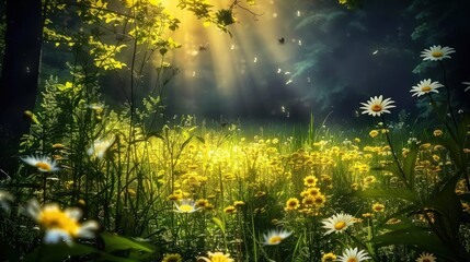 Obraz premium Sunbeams Through a Meadow of Wildflowers