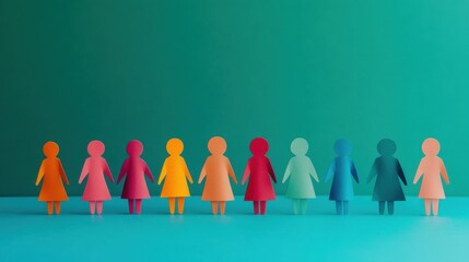 A row of colorful paper human shapes against a vivid turquoise background, highlighting equality and togetherness.