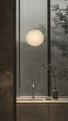 A beautifully designed cottagecore bathroom in Chiangmai, with greige cabinets, brass accents, and marble tiles, set against the moody backdrop of a rainy evening, the soft glow enhancing the 
