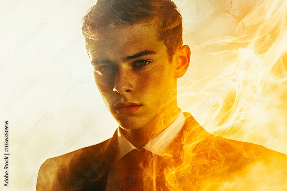 Canvas Prints A man in a suit is standing in front of a fire