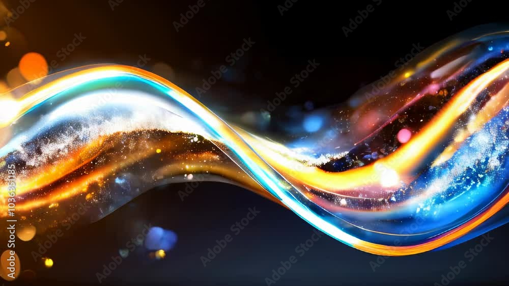 Poster abstract wavy light trails in vivid colors, combined with sparkling particles and soft bokeh effect,