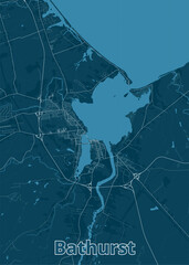 map of Bathurst, a city in New Brunswick, Canada. The map is rendered in a minimalist style, using a dark blue color palette for the landmass and a lighter blue for the water bodies.