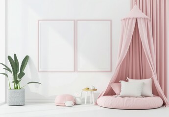 「居心地の良い子供部屋のインテリア背景、ピンクのパステルカラーの子供部屋、壁にはモックアップのポスター、3Dレンダリング」