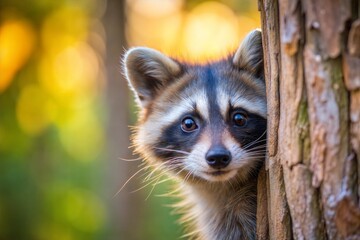 Obraz premium Playful raccoon peeking behind tree in farm cute wallpaper
