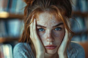 A young woman with freckles expresses deep thought in a cozy library.