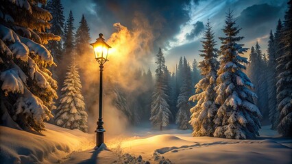 A solitary lamppost casts a warm glow on a snowy forest path, illuminating the frost-covered trees and creating a magical winter scene.