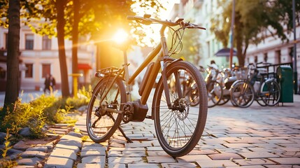 Fototapeta premium A bicycle parked on a cobblestone path, illuminated by warm sunlight, surrounded by other bikes.