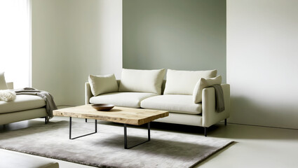 Modern Minimalist Living Room Interior with Beige Sofa, Wooden Coffee Table and Neutral Decor