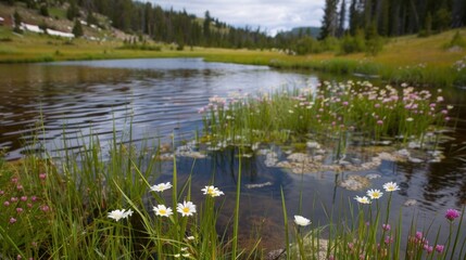Serene Pond with Daisies and a Misty Background