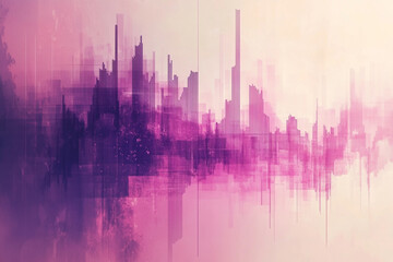 A city skyline is shown in a pinkish purple color