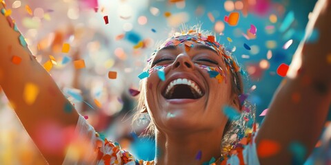 A close-up of an ecstatic person throwing handfuls of confetti into the air, their face radiating happiness and excitement.