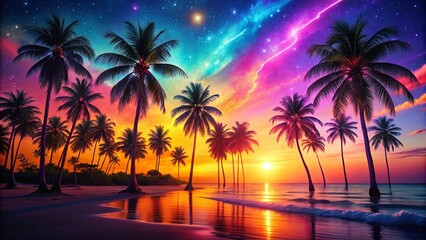 Obraz premium A vibrant tropical beach sunset with a starry sky and palm trees silhouetted against the horizon
