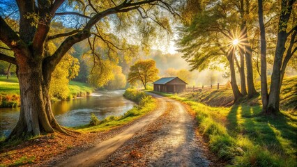 Naklejka premium A winding dirt path through a sun-drenched forest, leading towards a solitary structure nestled amongst the trees, with a river flowing gently in the foreground