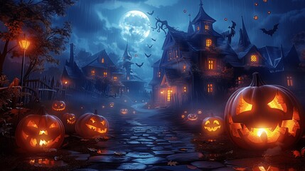 Spooky Halloween Night with Pumpkins and Haunted House