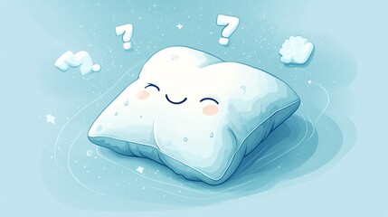 2408 86.A cute and playful vector illustration featuring a smiling pillow character, surrounded by floating Zzzs and soft, wavy lines representing sleep. The pillow is drawn with cartoon-like