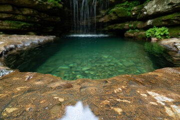Serene waterfall and pool in lush forest