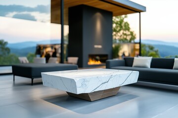Luxury outdoor living area with fireplace and marble table