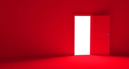 Open the door. Symbol of new career, opportunities, business ventures and initiative. Business concept. White light inside open door isolated on red background. Modern minimal concept.