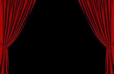 Red curtain on theater or cinema stage slightly open. Red theater curtains on a white background. Isolated black background.