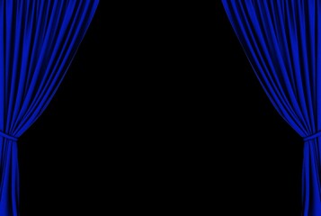 Blue curtain on theater or cinema stage slightly open. Blue theater curtains on a black background. 