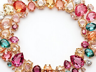 a framed mirror with pink and gold gems and diamonds