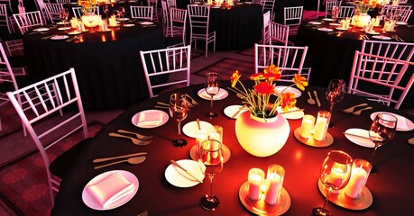 Table set for wedding or another catered event dinner.	
